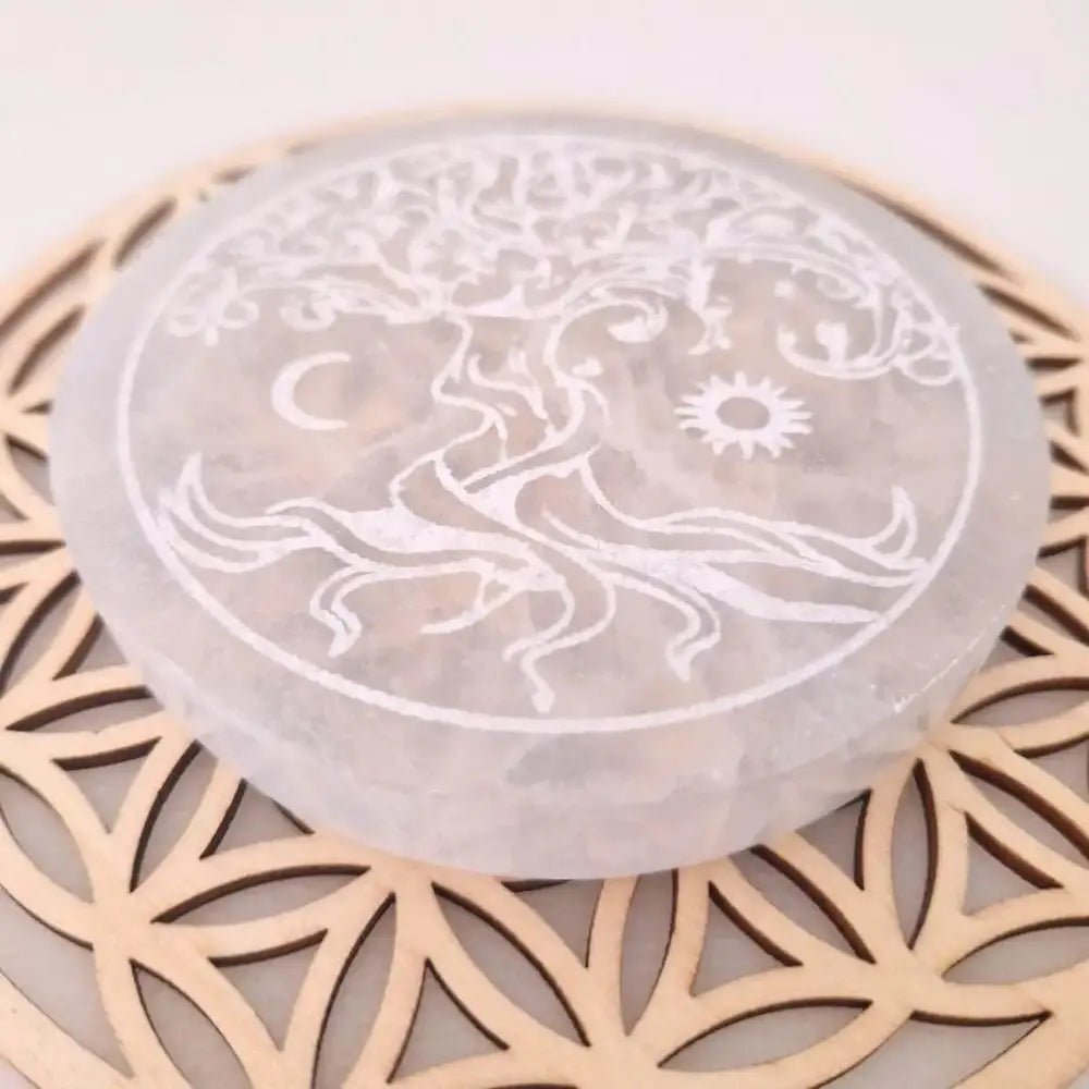 plaque sélénite arbre de vie 10 com de diamètre origine maroc