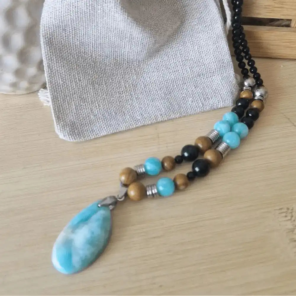 Collier Larimar - Amazonite - Jaspe bois - Tourmaline noire