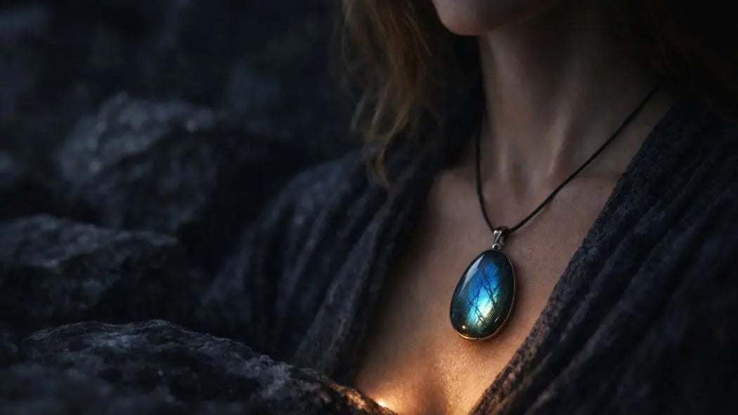 Pendentif labradorite porté près du cœur, symbole de protection psychique et d’ancrage