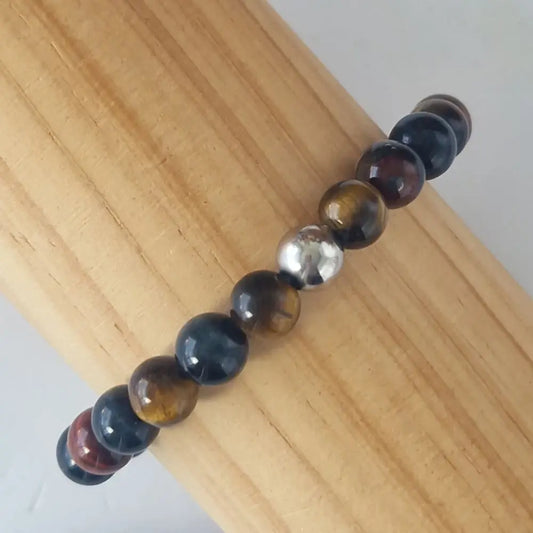 Bracelet triple protection en pierres naturelles œil de tigre, œil de faucon et œil de taureau  zoom