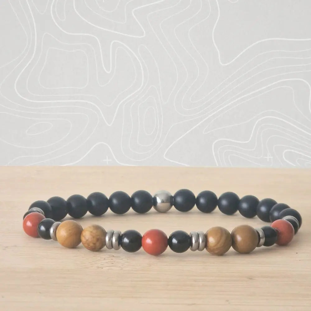 bracelet homme ancrage, jaspe rouge, jaspe bois, tourmaline noire, onyx mat
