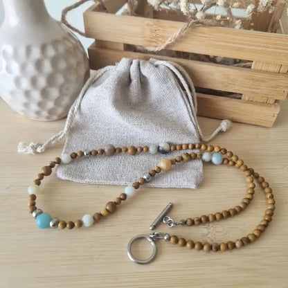 Collier amazonite multi couleur, jaspe bois et son pochon