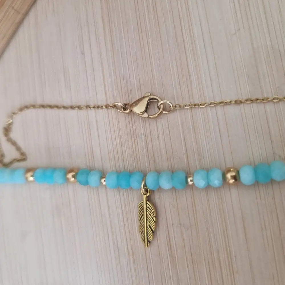 Collier amazonite 4mm breloque plume