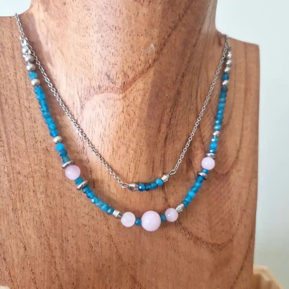 Collier apatite bleue avec perles de kunzite