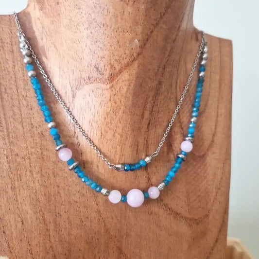 Collier apatite bleue avec perles de kunzite
