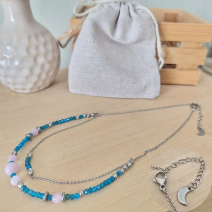 Collier apatite bleue avec perles de kunzite et acier inoxydable 304 - Longueur de chaine sur mesure