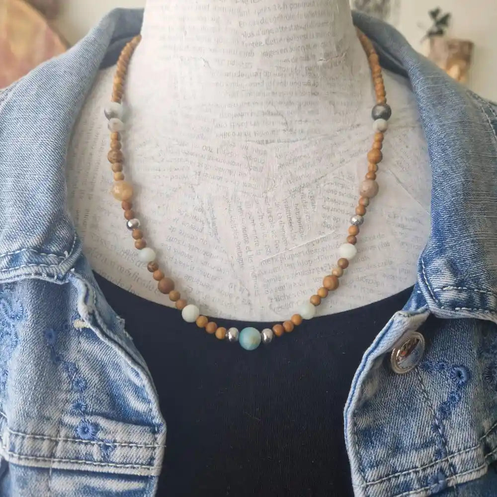 Collier en jaspe bois et amazonite