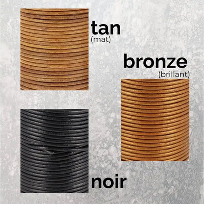 cordon cuir 2mm , visuel des couleurs tan, bronze et noir