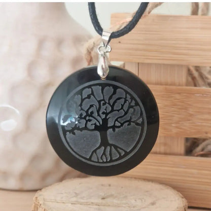 pendentif arbre de vie grave obsidienne noire