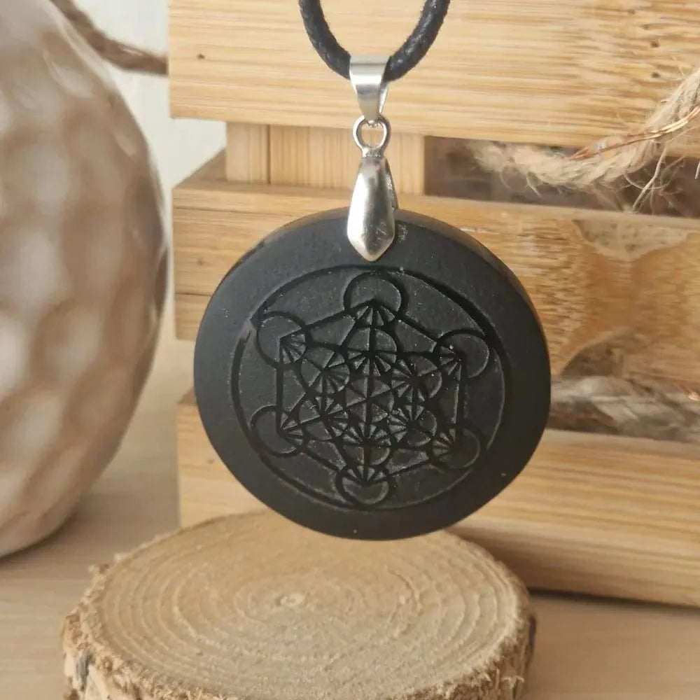 Pendentif Obsidienne noire - Gravure Métatron