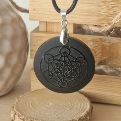 Pendentif Obsidienne noire - Gravure Métatron