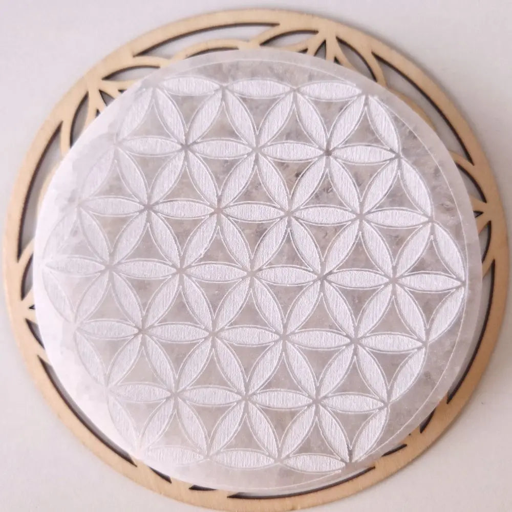 Plaque sélénite ronde avec fleur de vie motif plein - taille  12 cm