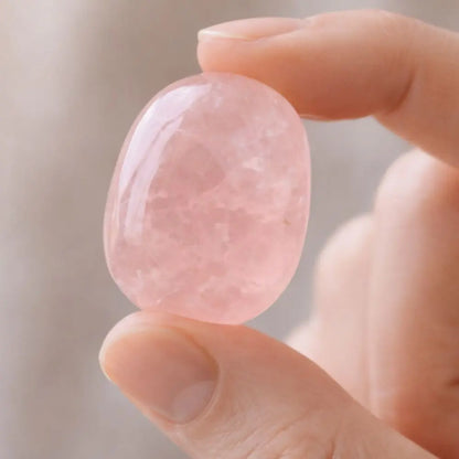 Pierre roulée en quartz rose tenue entre les doigts, pierre naturelle aux nuances rose pâle
